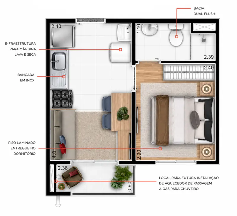 Planta 25m² — 1 suíte com varanda