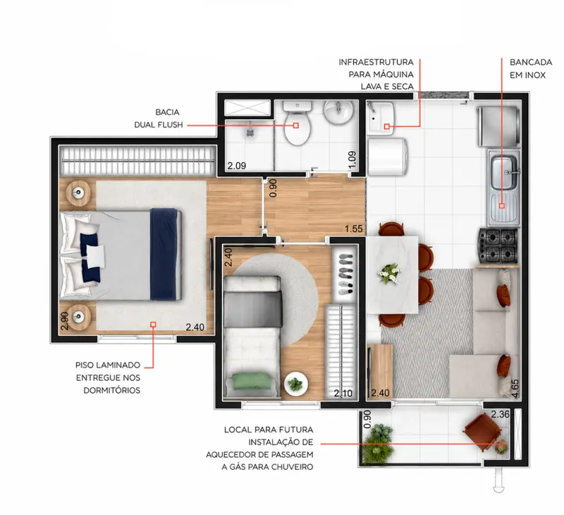 Planta 34m² — 2 dormitórios com varanda