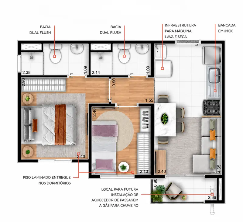Planta 37m² — 2 dormitórios com suíte e varanda